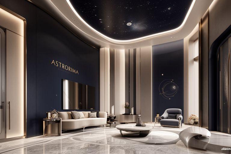 Interno moderno di un immobile di lusso con dettagli ispirati allo spazio e illuminazione futuristica