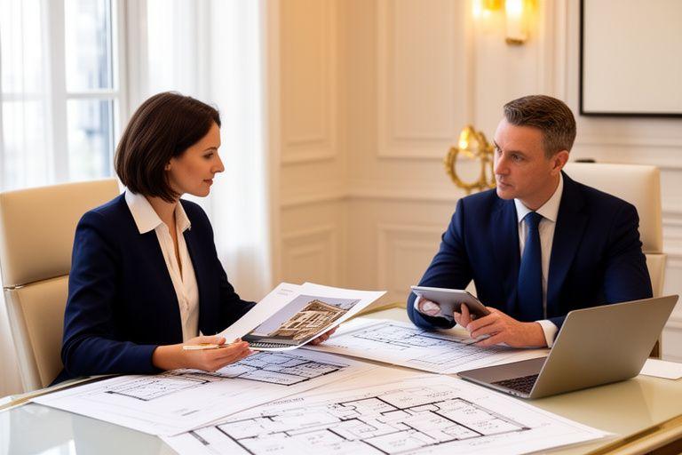 Consulente immobiliare che discute documenti e planimetrie con un investitore in ufficio elegante