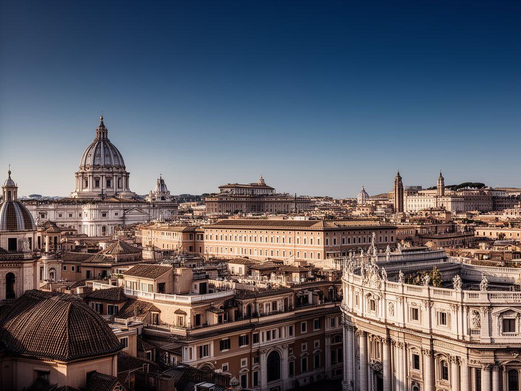 Veduta elegante di Roma con edifici storici e atmosfera finanziaria moderna